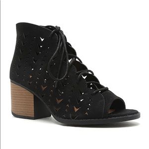 Qupid Black Laser Cut Lace-up Peep-toe Booties